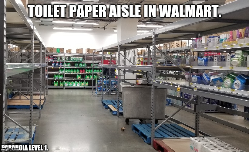 Covid paranoia endtimes | TOILET PAPER AISLE IN WALMART. PARANOIA LEVEL 1. | image tagged in walmart,covid-19,no more toilet paper,paranoia,end times | made w/ Imgflip meme maker