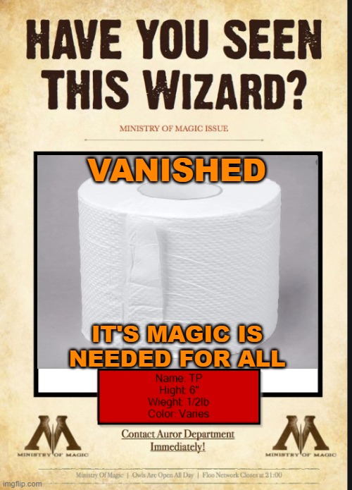 Wanted | VANISHED; IT'S MAGIC IS NEEDED FOR ALL | image tagged in toilet paper,wanted | made w/ Imgflip meme maker