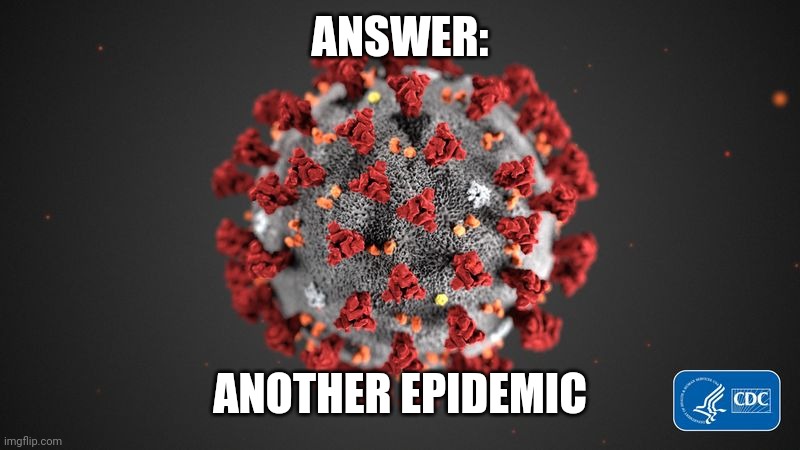 Covid 19 | ANSWER: ANOTHER EPIDEMIC | image tagged in covid 19 | made w/ Imgflip meme maker