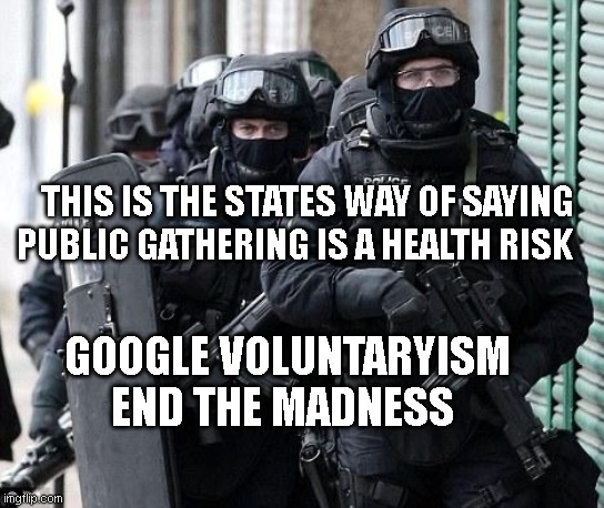 cliche police | THIS IS THE STATES WAY OF SAYING PUBLIC GATHERING IS A HEALTH RISK; GOOGLE VOLUNTARYISM END THE MADNESS | image tagged in cliche police | made w/ Imgflip meme maker