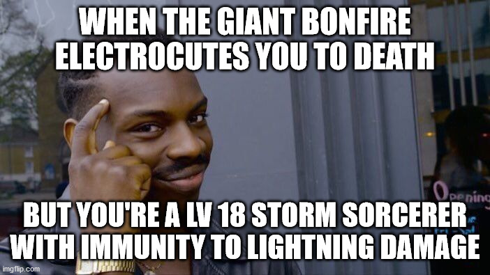 Complete nonsense | WHEN THE GIANT BONFIRE ELECTROCUTES YOU TO DEATH; BUT YOU'RE A LV 18 STORM SORCERER WITH IMMUNITY TO LIGHTNING DAMAGE | image tagged in memes,roll safe think about it,dungeons and dragons | made w/ Imgflip meme maker