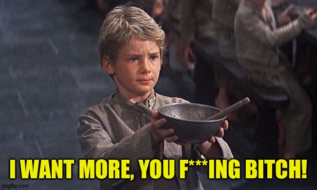 Oliver twist  | I WANT MORE, YOU F***ING B**CH! | image tagged in oliver twist | made w/ Imgflip meme maker