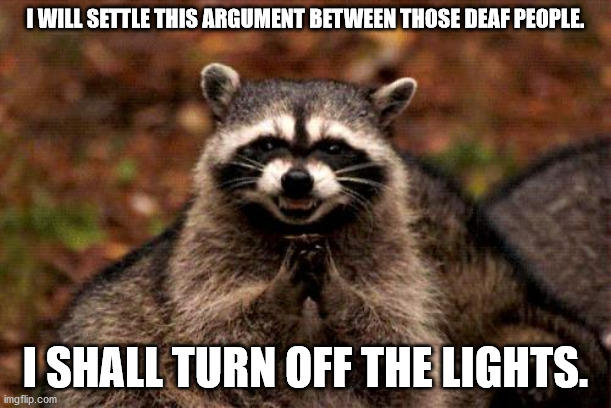 This could work. Just hear me out. | I WILL SETTLE THIS ARGUMENT BETWEEN THOSE DEAF PEOPLE. I SHALL TURN OFF THE LIGHTS. | image tagged in memes,evil plotting raccoon,deaf | made w/ Imgflip meme maker