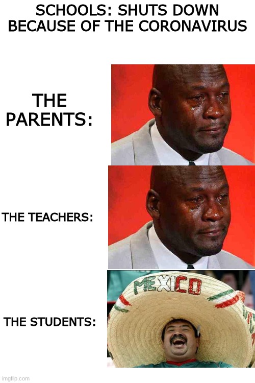 coronavirus | SCHOOLS: SHUTS DOWN BECAUSE OF THE CORONAVIRUS; THE PARENTS:; THE TEACHERS:; THE STUDENTS: | image tagged in blank white template,coronavirus,school,students,teachers,parents | made w/ Imgflip meme maker