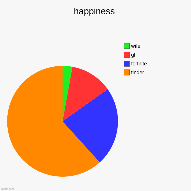 happiness | tinder, fortnite, gf, wife | image tagged in charts,pie charts | made w/ Imgflip chart maker