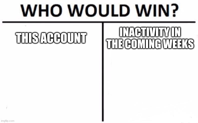 Who Would Win? Meme | THIS ACCOUNT; INACTIVITY IN THE COMING WEEKS | image tagged in memes,who would win | made w/ Imgflip meme maker