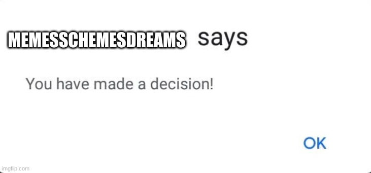 (Name) says: You have made a decision! | MEMESSCHEMESDREAMS | image tagged in name says you have made a decision | made w/ Imgflip meme maker