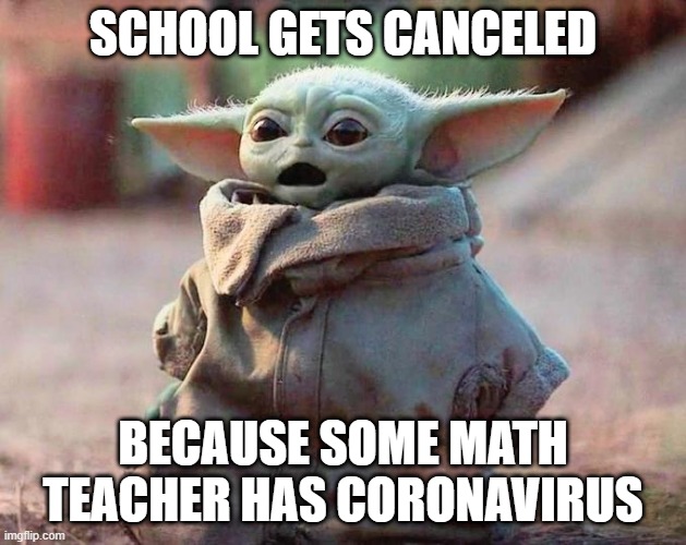 Surprised Baby Yoda | SCHOOL GETS CANCELED; BECAUSE SOME MATH TEACHER HAS CORONAVIRUS | image tagged in surprised baby yoda | made w/ Imgflip meme maker