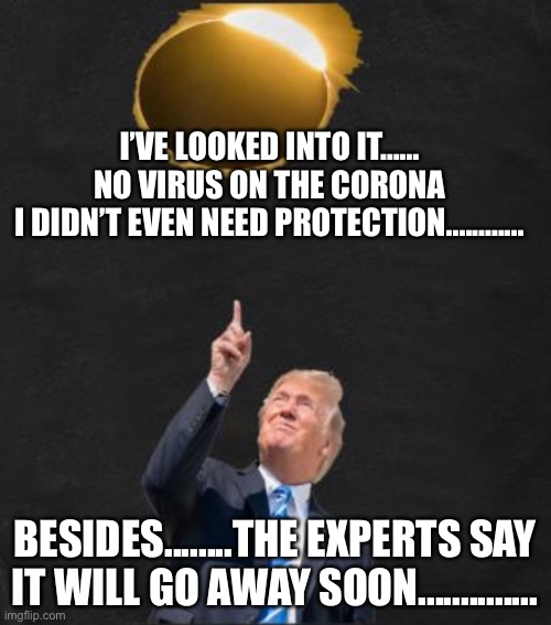 Coronavirus | I’VE LOOKED INTO IT……
NO VIRUS ON THE CORONA
I DIDN’T EVEN NEED PROTECTION............ BESIDES........THE EXPERTS SAY
IT WILL GO AWAY SOON.............. | image tagged in coronavirus | made w/ Imgflip meme maker
