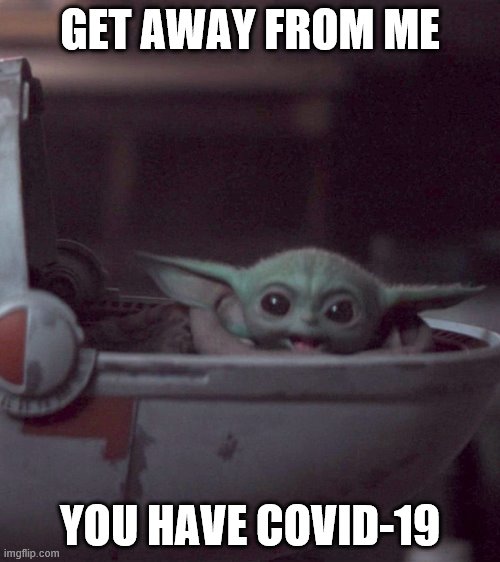 Woman screaming at Baby Yoda | GET AWAY FROM ME; YOU HAVE COVID-19 | image tagged in woman screaming at baby yoda | made w/ Imgflip meme maker