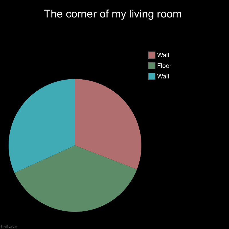 The corner of my living room | The corner of my living room | Wall, Floor, Wall | image tagged in charts,pie charts,memes,funny,fun,09pandaboy | made w/ Imgflip chart maker