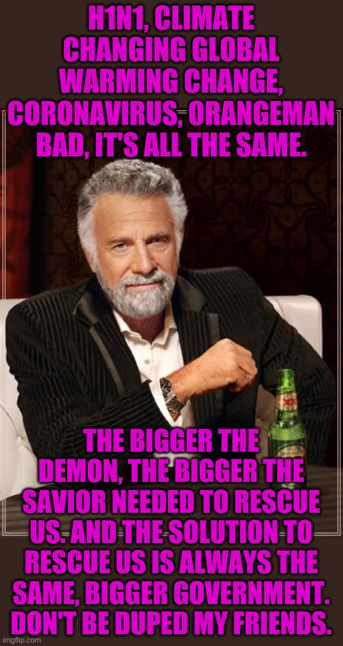 OMG!!! Someone do something!!! Hey! I know, politicians are the least selfish, smartest ever in history and the kindest people. | H1N1, CLIMATE CHANGING GLOBAL WARMING CHANGE, CORONAVIRUS, ORANGEMAN BAD, IT'S ALL THE SAME. THE BIGGER THE DEMON, THE BIGGER THE SAVIOR NEEDED TO RESCUE US. AND THE SOLUTION TO RESCUE US IS ALWAYS THE SAME, BIGGER GOVERNMENT. DON'T BE DUPED MY FRIENDS. | image tagged in memes,the most interesting man in the world | made w/ Imgflip meme maker