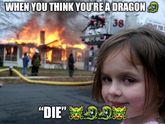 Disaster Girl | WHEN YOU THINK YOU’RE A DRAGON 🐉; “DIE” 🐲🐉🐉🐲 | image tagged in memes,disaster girl | made w/ Imgflip meme maker