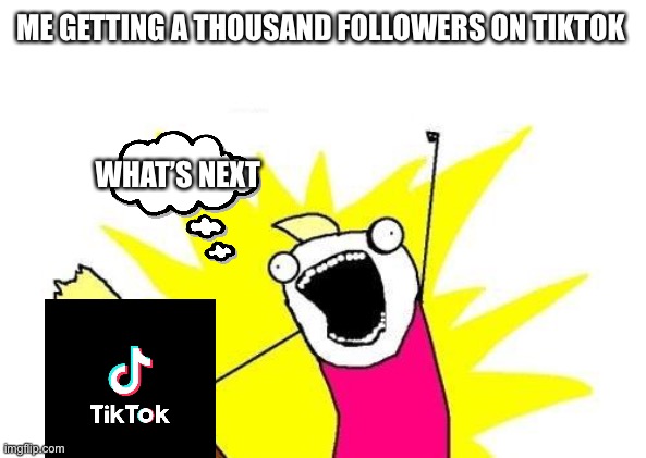 X All The Y | ME GETTING A THOUSAND FOLLOWERS ON TIKTOK; WHAT’S NEXT | image tagged in memes,x all the y | made w/ Imgflip meme maker