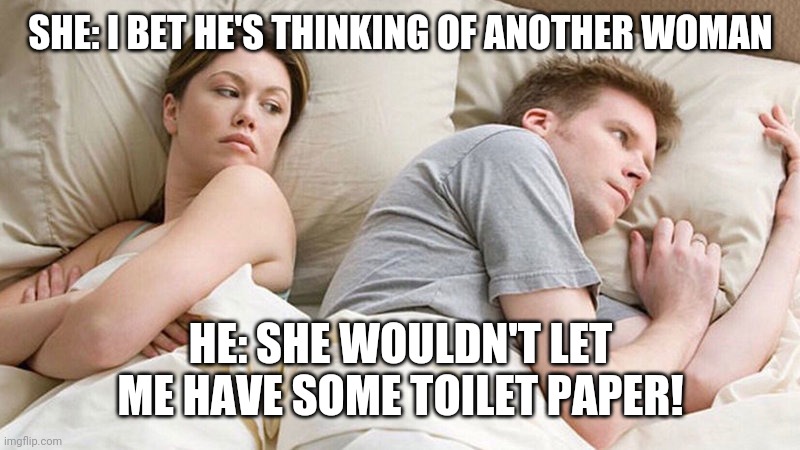 I bet he's thinking of other woman  | SHE: I BET HE'S THINKING OF ANOTHER WOMAN; HE: SHE WOULDN'T LET ME HAVE SOME TOILET PAPER! | image tagged in i bet he's thinking of other woman | made w/ Imgflip meme maker