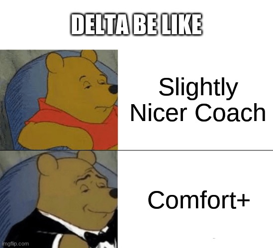 Tuxedo Winnie The Pooh Meme | DELTA BE LIKE; Slightly Nicer Coach; Comfort+ | image tagged in memes,tuxedo winnie the pooh | made w/ Imgflip meme maker