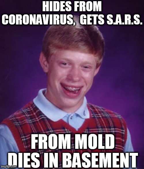 Poor Brian, he couldn't win a race against a Lawn dart! | HIDES FROM CORONAVIRUS,  GETS S.A.R.S. FROM MOLD

 DIES IN BASEMENT | image tagged in bad luck brian,lawn dart,coronavirus,mold basement sars | made w/ Imgflip meme maker