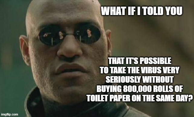 Matrix Morpheus Meme | WHAT IF I TOLD YOU; THAT IT'S POSSIBLE TO TAKE THE VIRUS VERY SERIOUSLY WITHOUT BUYING 800,000 ROLLS OF TOILET PAPER ON THE SAME DAY? | image tagged in memes,matrix morpheus | made w/ Imgflip meme maker