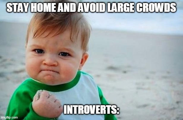 Victory Baby | STAY HOME AND AVOID LARGE CROWDS; INTROVERTS: | image tagged in victory baby | made w/ Imgflip meme maker
