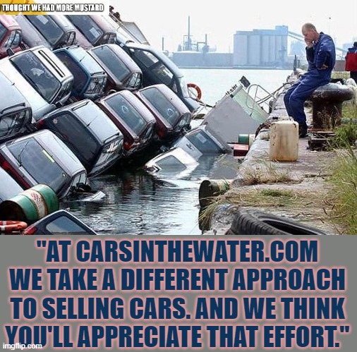 Cars In The Water Dot Com | "AT CARSINTHEWATER.COM WE TAKE A DIFFERENT APPROACH TO SELLING CARS. AND WE THINK YOU'LL APPRECIATE THAT EFFORT." | image tagged in water,cars,internet,sales | made w/ Imgflip meme maker