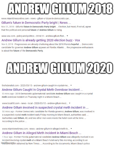 Andrew Gillum is keeping that buzz going in 2020! FL got lucky! | ANDREW GILLUM 2018; ANDREW GILLUM 2020 | image tagged in andrew gillum,meth,dnc,democrats | made w/ Imgflip meme maker