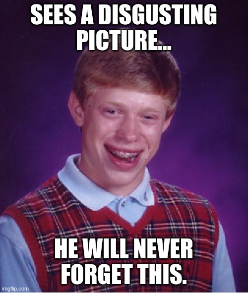 Bad Luck Brian Meme | SEES A DISGUSTING PICTURE... HE WILL NEVER FORGET THIS. | image tagged in memes,bad luck brian | made w/ Imgflip meme maker