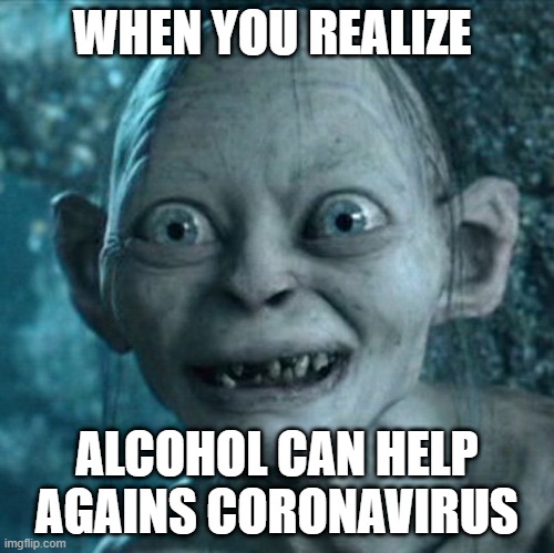 Gollum Meme | WHEN YOU REALIZE; ALCOHOL CAN HELP AGAINS CORONAVIRUS | image tagged in memes,gollum | made w/ Imgflip meme maker