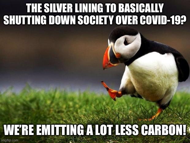 It’s been a total overreaction: but! If you’re looking for bright spots in this mess, here’s one | THE SILVER LINING TO BASICALLY SHUTTING DOWN SOCIETY OVER COVID-19? WE’RE EMITTING A LOT LESS CARBON! | image tagged in unpopular opinion puffin,climate change,global warming,carbon footprint,covid-19,coronavirus | made w/ Imgflip meme maker