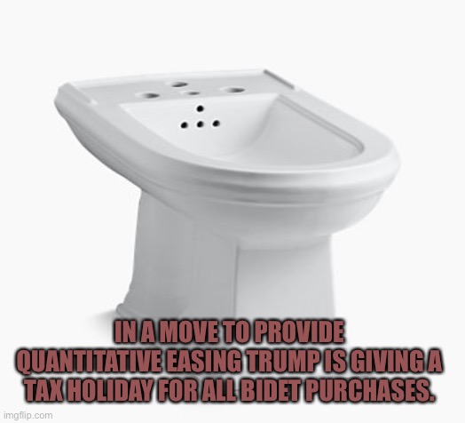 Toilet Paper Stimulus | IN A MOVE TO PROVIDE QUANTITATIVE EASING TRUMP IS GIVING A TAX HOLIDAY FOR ALL BIDET PURCHASES. | image tagged in toilet paper,donald trump | made w/ Imgflip meme maker