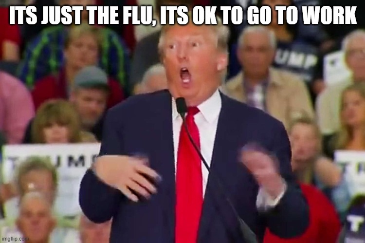 Trump idiot | ITS JUST THE FLU, ITS OK TO GO TO WORK | image tagged in trump idiot | made w/ Imgflip meme maker