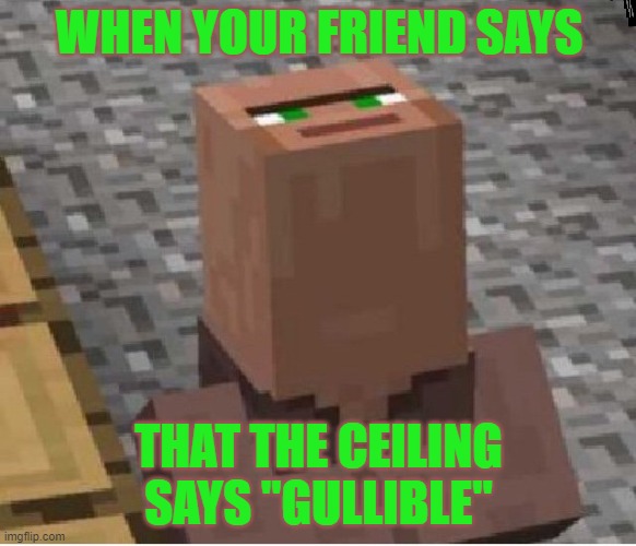 Yes (no explanation needed) | WHEN YOUR FRIEND SAYS; THAT THE CEILING SAYS "GULLIBLE" | image tagged in minecraft villager looking up | made w/ Imgflip meme maker
