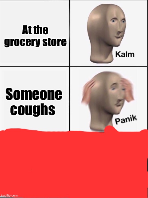 Reverse kalm panik | At the grocery store; Someone coughs | image tagged in reverse kalm panik | made w/ Imgflip meme maker