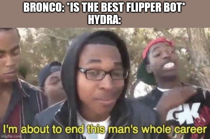 I liked him until this... | BRONCO: *IS THE BEST FLIPPER BOT*
HYDRA: | image tagged in im about to end this mans whole career,allow us to introduce ourselves,battle,bots | made w/ Imgflip meme maker