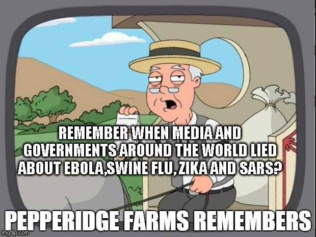 PEPPERIDGE FARMS REMEMBERS | REMEMBER WHEN MEDIA AND GOVERNMENTS AROUND THE WORLD LIED ABOUT EBOLA,SWINE FLU, ZIKA AND SARS? | image tagged in pepperidge farms remembers | made w/ Imgflip meme maker