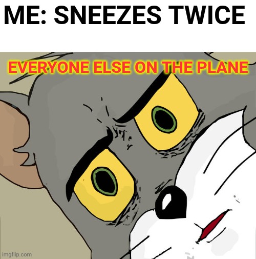 Allergies Suck | ME: SNEEZES TWICE; EVERYONE ELSE ON THE PLANE | image tagged in memes,unsettled tom,sneezing,coronavirus | made w/ Imgflip meme maker