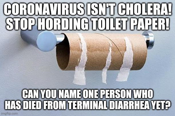 One more time people......coronavirus is a respiratory illness, not a gastrointestinal illness. | CORONAVIRUS ISN'T CHOLERA! STOP HORDING TOILET PAPER! CAN YOU NAME ONE PERSON WHO HAS DIED FROM TERMINAL DIARRHEA YET? | image tagged in no more toilet paper,coronavirus,panic,misinformation | made w/ Imgflip meme maker