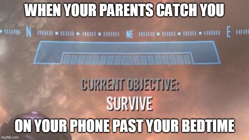 Current Objective: Survive | WHEN YOUR PARENTS CATCH YOU; ON YOUR PHONE PAST YOUR BEDTIME | image tagged in current objective survive | made w/ Imgflip meme maker