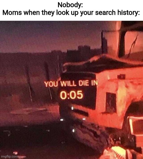 You will die in 0:05 | Nobody: 
Moms when they look up your search history: | image tagged in you will die in 005,moms,search history | made w/ Imgflip meme maker