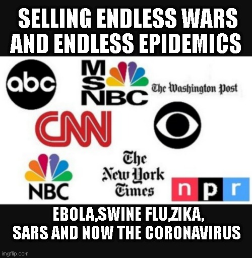 Media lies | SELLING ENDLESS WARS AND ENDLESS EPIDEMICS; EBOLA,SWINE FLU,ZIKA, SARS AND NOW THE CORONAVIRUS | image tagged in media lies | made w/ Imgflip meme maker