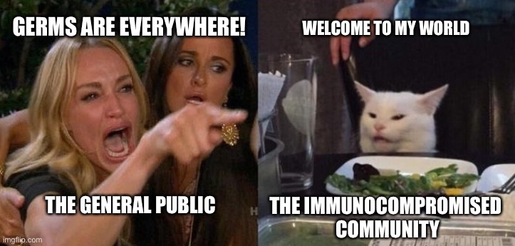 Woman Yelling at Smudge the Cat | GERMS ARE EVERYWHERE! WELCOME TO MY WORLD; THE GENERAL PUBLIC; THE IMMUNOCOMPROMISED
 COMMUNITY | image tagged in woman yelling at smudge the cat | made w/ Imgflip meme maker