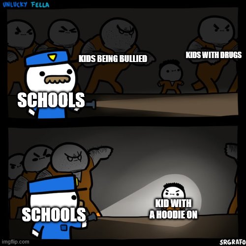 Srgrafo prison | KIDS WITH DRUGS; KIDS BEING BULLIED; SCHOOLS; KID WITH A HOODIE ON; SCHOOLS | image tagged in srgrafo prison | made w/ Imgflip meme maker