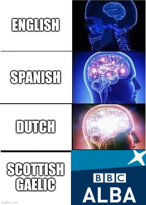 Expanding Brain | ENGLISH; SPANISH; DUTCH; SCOTTISH GAELIC | image tagged in memes,expanding brain | made w/ Imgflip meme maker