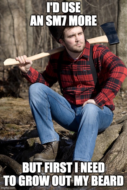 Solemn Lumberjack Meme | I'D USE AN SM7 MORE; BUT FIRST I NEED TO GROW OUT MY BEARD | image tagged in memes,solemn lumberjack | made w/ Imgflip meme maker