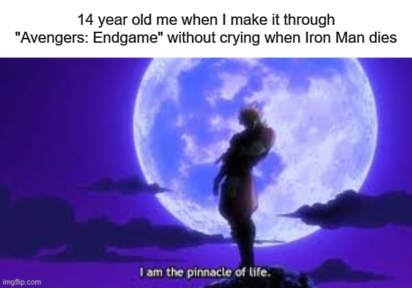 I Managed To Do It, So Applaud My Supreme Power | 14 year old me when I make it through "Avengers: Endgame" without crying when Iron Man dies | image tagged in i am the pinnacle of life,memes,jojo's bizarre adventure,dio brando | made w/ Imgflip meme maker