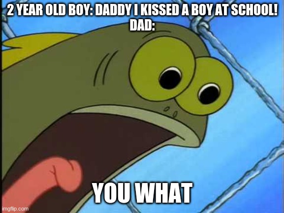 You what?! | 2 YEAR OLD BOY: DADDY I KISSED A BOY AT SCHOOL!
DAD:; YOU WHAT | image tagged in you what | made w/ Imgflip meme maker