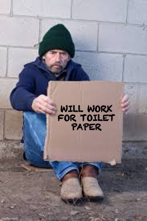 homeless sign | WILL WORK

FOR TOILET PAPER | image tagged in homeless sign | made w/ Imgflip meme maker