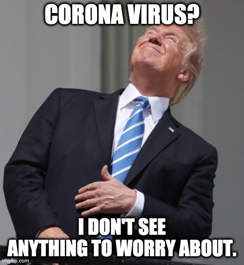 Trump Eclipse | CORONA VIRUS? I DON'T SEE ANYTHING TO WORRY ABOUT. | image tagged in trump eclipse,trump coronavirus,corona | made w/ Imgflip meme maker
