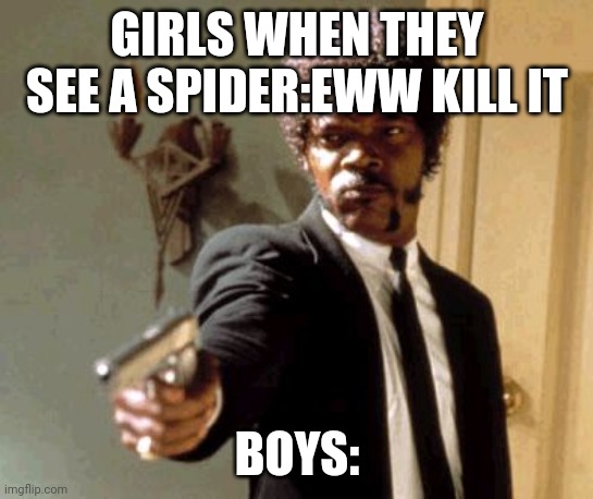 Say That Again I Dare You Meme | GIRLS WHEN THEY SEE A SPIDER:EWW KILL IT; BOYS: | image tagged in memes,say that again i dare you | made w/ Imgflip meme maker