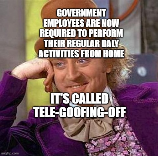 Creepy Condescending Wonka Meme | GOVERNMENT EMPLOYEES ARE NOW REQUIRED TO PERFORM THEIR REGULAR DALY ACTIVITIES FROM HOME; IT'S CALLED TELE-GOOFING-OFF | image tagged in memes,creepy condescending wonka | made w/ Imgflip meme maker