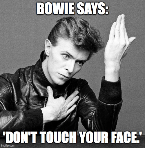 BOWIE SAYS:; 'DON'T TOUCH YOUR FACE.' | image tagged in david bowie | made w/ Imgflip meme maker